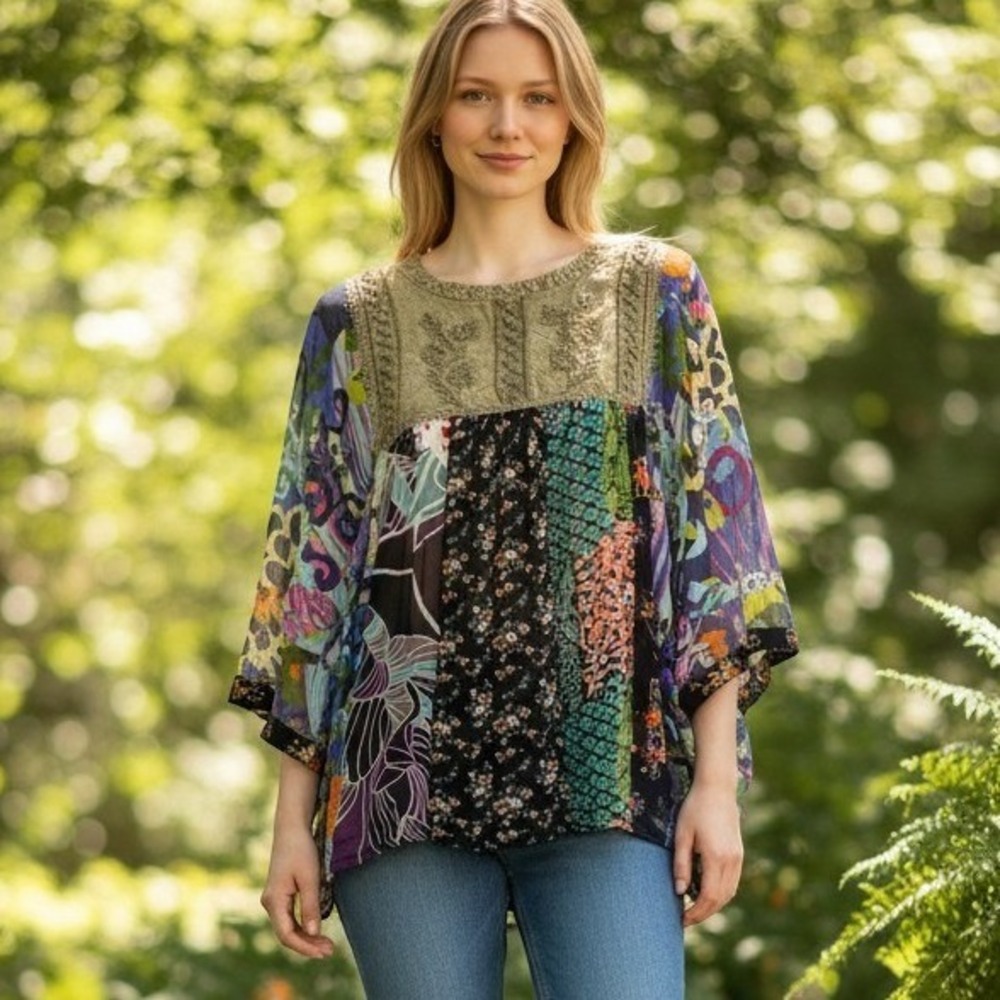 Young Threads Womens Tunic Top L Multicolor Viscose Embroidered Patchwork Boho